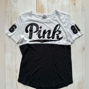 PINK Victoria's Secret White Tee with Sparkling Black Detail - XS